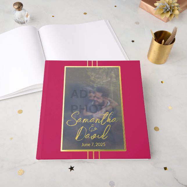 Rose Red Foto Wedding Foil Gästebuch (Vorderseite Offen)