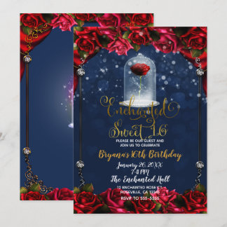 Rose Reds Navy Blue & Gold Sweet 16 Party Einladung