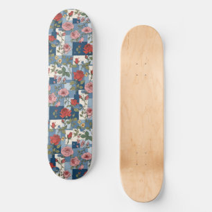 Rose Retro Blue Jean Denim Patchwork Floral Skateboard