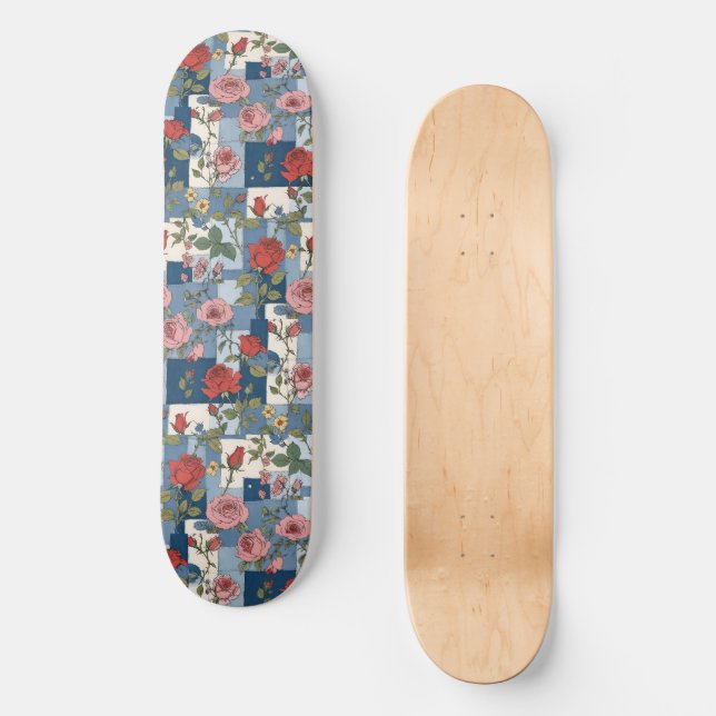 Rose Retro Blue Jean Denim Patchwork Floral Skateboard (Vorderseite)