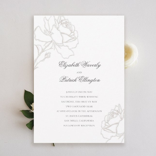 Rose Rich Ivory Minimalistisch Black Krawatte Hoch Einladung (formal traditional wedding invitation rich ivory roses black tie modern classic elegant minimalist)