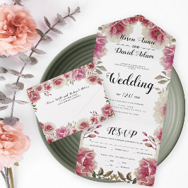 Rose Rosa Aquarellfarben Blume Hochzeit im Herbst All In One Einladung