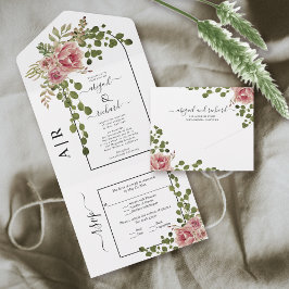 Rose rosa Blume, Bogen und Monogramm Hochzeit All In One Einladung