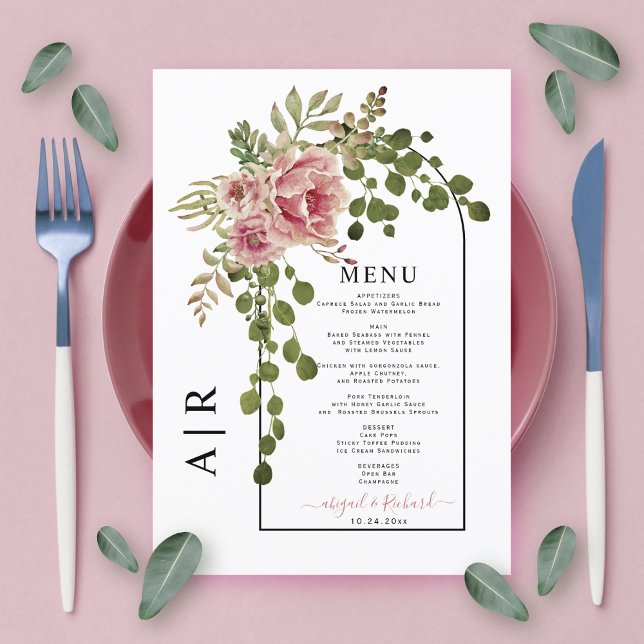 Rose rosa Blume, Bogen und Monogramm Hochzeit Menükarte (Von Creator hochgeladen)