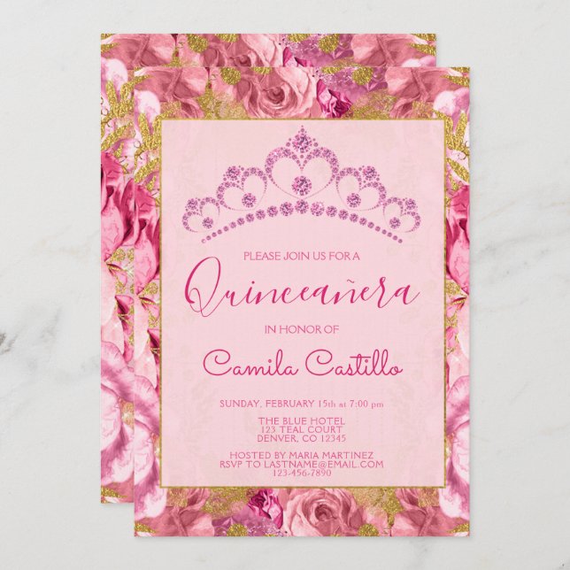 Rose Rosa Blume Muster Quinceanera Einladung (Vorne/Hinten)