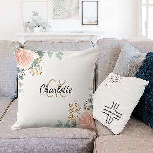 Rose Rosa Blumengrün Monogramm Name Kissen