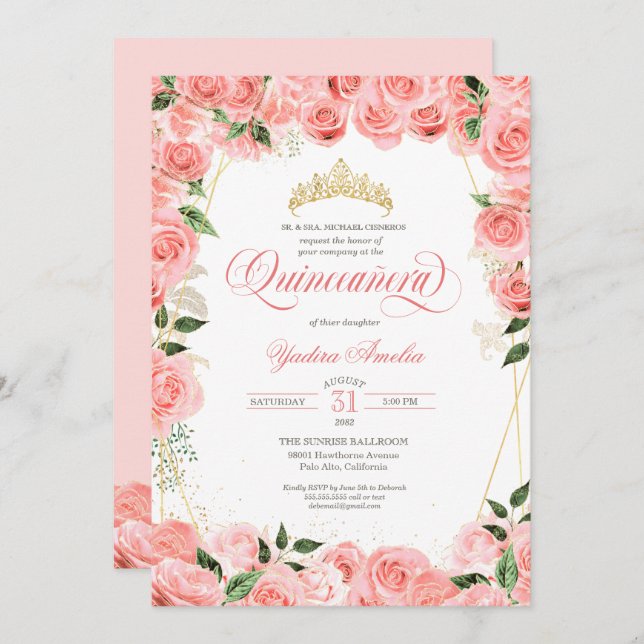 Rose Rosa Blush & Gold Glam Elegantes Quinceanera Einladung (Vorne/Hinten)