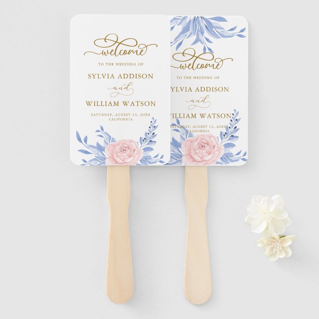 Rose Rosa Blütengoldminimale Dusty Blue Wedding Fächer (Vorne und Hinten)