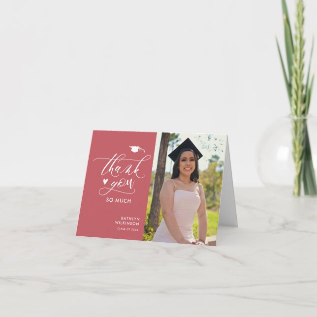 Rose Rosa Elegantes Script Foto Einfaches Abschlus Dankeskarte (Vorderseite)