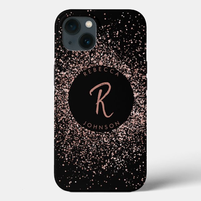Rose Rosa Gold und Schwarz Monogramm Case-Mate iPhone Hülle (Rückseite)
