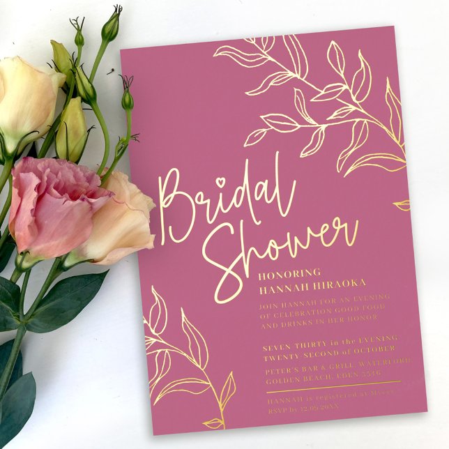 Rose Rosa Goldzweig der Blätter Brautparty Folieneinladung (Von Creator hochgeladen)