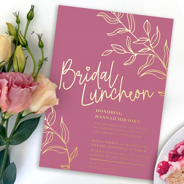 Rose rosa Goldzweig der Blätter bridal Luncheon Folieneinladung (Von Creator hochgeladen)