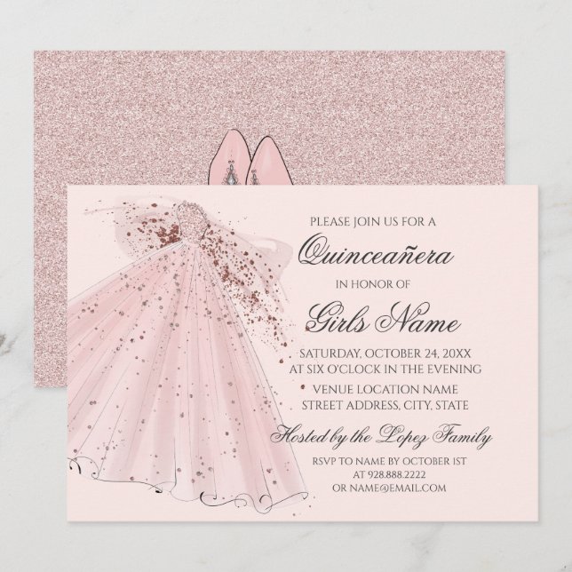 Rose Rosa Heelse und Gown Quinceañera Einladung (Vorne/Hinten)