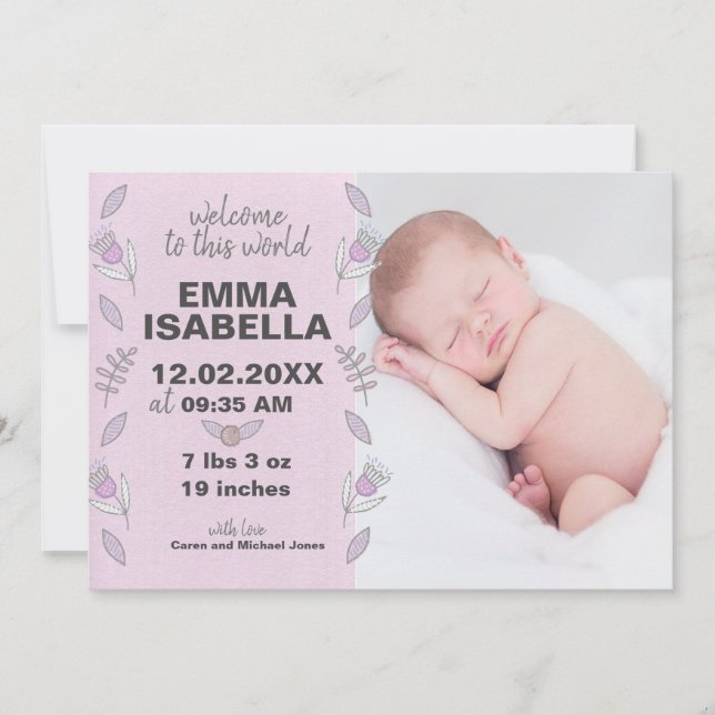 Rose Rosa Lila Neugeborenes Mädchen Blumengebäck F Save The Date (Vorderseite)