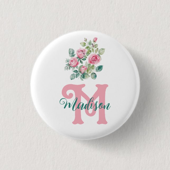 Rose Rosa Monogramm Button (Vorderseite)