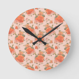 Rose Rosa orange Blumenmuster Hochzeitsfeder Runde Wanduhr