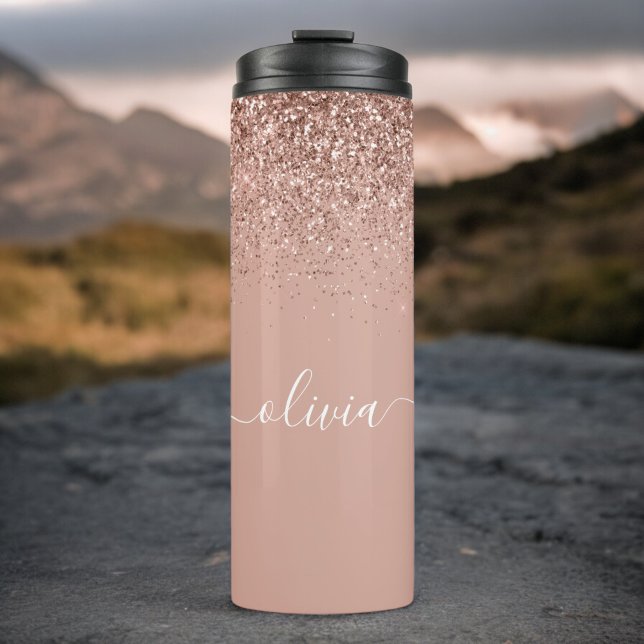 Rose Rosa Rosa Glitzer Girl Monogram Name Thermosbecher (Von Creator hochgeladen)