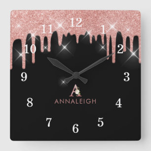 Rose Rosa Rosa Glitzer Tropfen Blumenmonogramm Quadratische Wanduhr