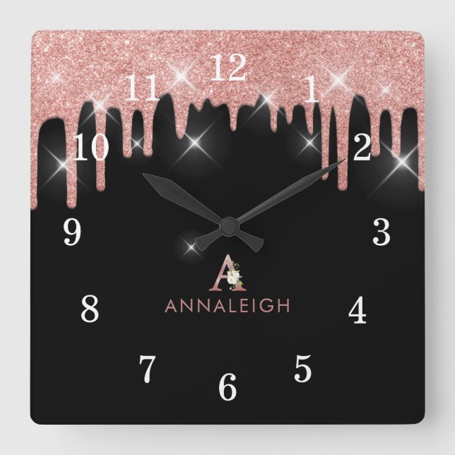 Rose Rosa Rosa Glitzer Tropfen Blumenmonogramm Quadratische Wanduhr (Vorderseite)