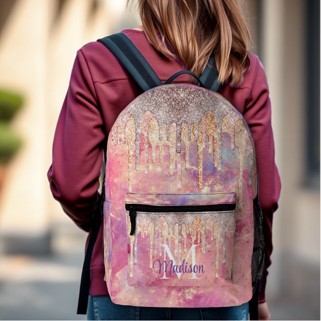 Rose Rosa Rosa Glitzer Tropfen Monogramm Bedruckter Rucksack (Von Creator hochgeladen)