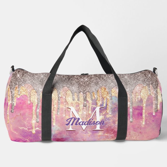 Rose Rosa Rosa Glitzer Tropfen Monogramm Duffle Bag (Vorderseite)