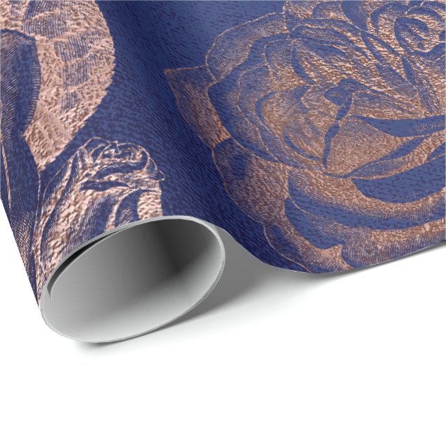 Rose Rosa Rose Gold Metallic Blauer Marineinfall Geschenkpapier (Rolleneckpunkt)