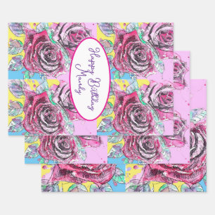 Rose Rose Blume Wasserfarben Geburtstagsfrauen Geschenkpapier Set