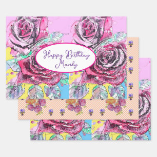 Rose Rose Blume Wasserfarben Geburtstagsfrauen Geschenkpapier Set
