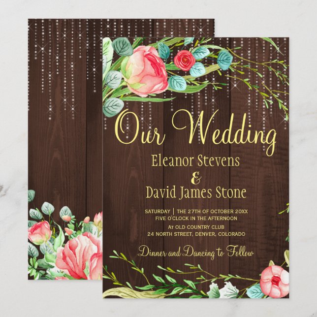 Rose Rose rustikale Saitenleuchten mit Holzverheir Einladung (Vorne/Hinten)