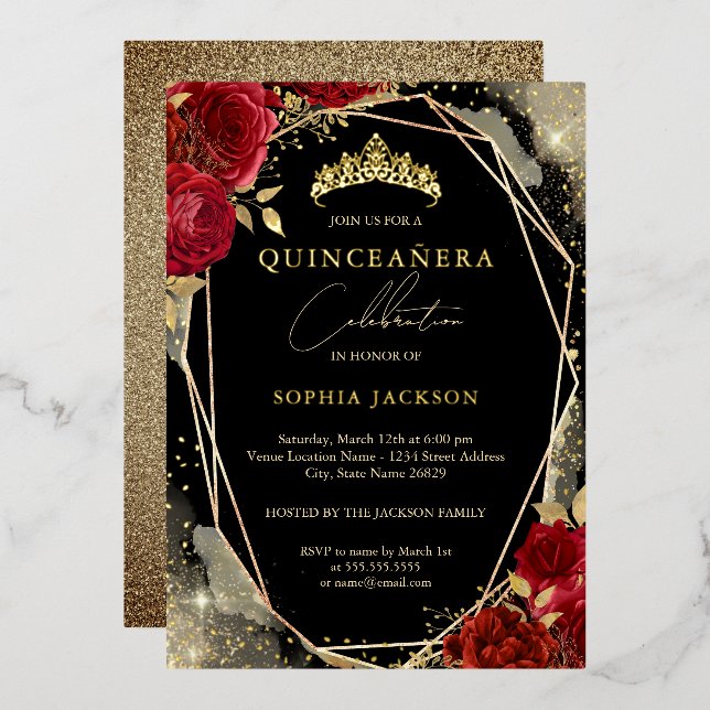 Rose Rot Gold Tiara Quinceanera Folieneinladung (Vorderseite/Rückseite)