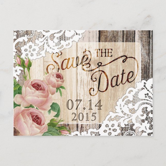 Rose Rustikale Holzplanen und Spitzen Save the Dat Ankündigungspostkarte (Vorderseite)