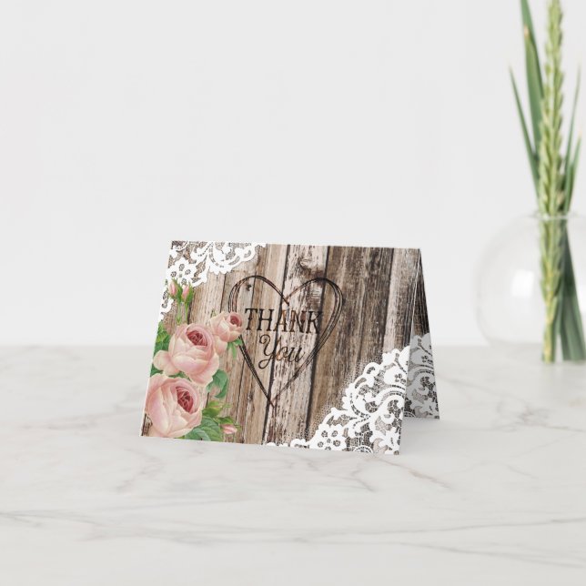 Rose Rustikales Holz und Spitzen Dankeschön Karte (Vorderseite)