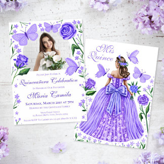 Rose + Schmetterlinge Lilac Quinceanera Foto Einladung