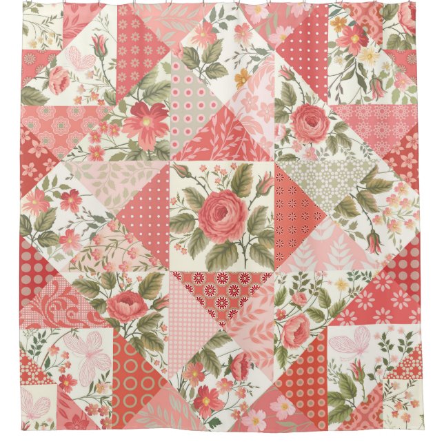 Rose Schmetterlinge Nahtlose Patchwork Duschvorhang (Vorderseite)