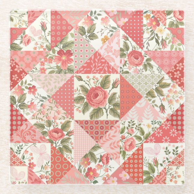 Rose Schmetterlinge Nahtlose Patchwork Glasuntersetzer (Vorderseite)