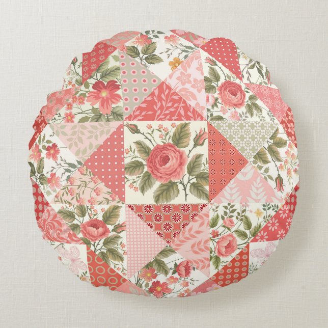 Rose Schmetterlinge Nahtlose Patchwork Rundes Kissen (Vorderseite)