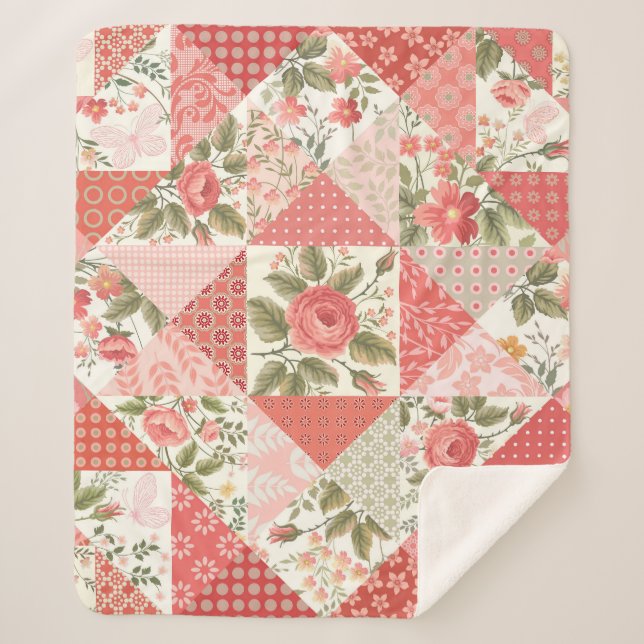 Rose Schmetterlinge Nahtlose Patchwork Sherpadecke (Vorderseite)