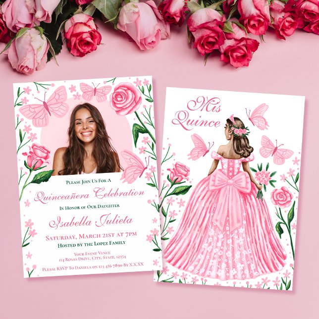 Rose + Schmetterlinge Rosa Quinceanera Foto Invita Einladung (Roses + Butterflies Pink Quinceanera Photo Invita Invitation)