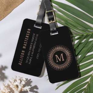 Rose Schwarz & Imitate Gold Elegantes Monogramm Gepäckanhänger