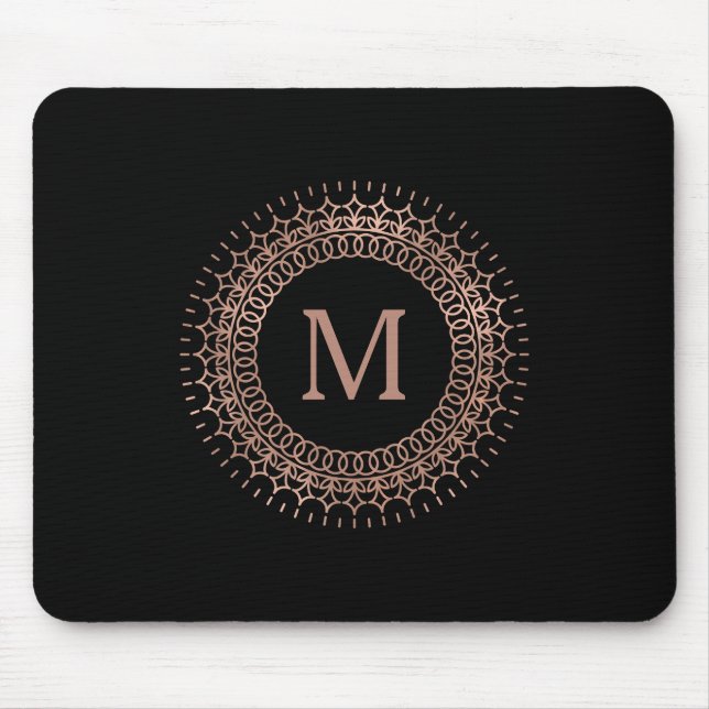 Rose Schwarz & Imitate Gold Elegantes Monogramm Mousepad (Vorne)