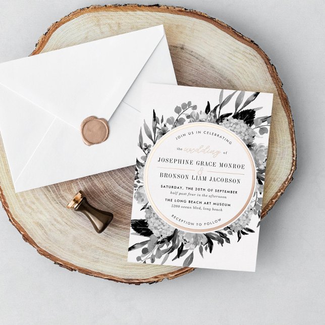 Rose Schwarz-Weiß-Wasserfarben-Hochzeit Folieneinladung (Von Creator hochgeladen)