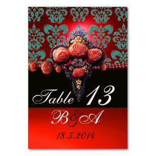 ROSE, SCHWARZE AQUA BLAU ROTES DAMASK-MONOGRAMM TISCHNUMMER