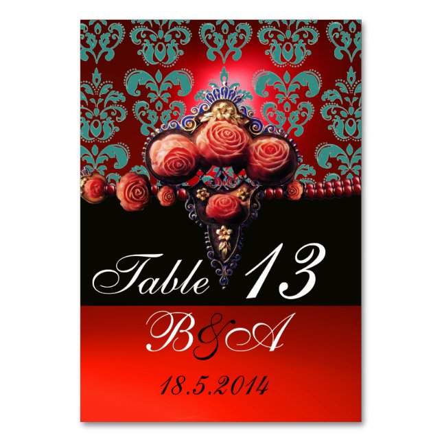 ROSE, SCHWARZE AQUA BLAU ROTES DAMASK-MONOGRAMM TISCHNUMMER (Rückseite)