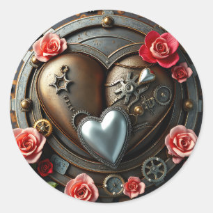 Rose, Silberherz und Metallgestänge Steampunk Runder Aufkleber