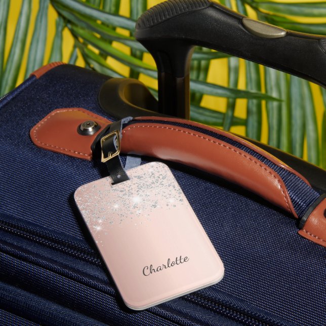 Rose silberne Monogrammnamenskript Gepäckanhänger (Vorderseite Insitu 1)