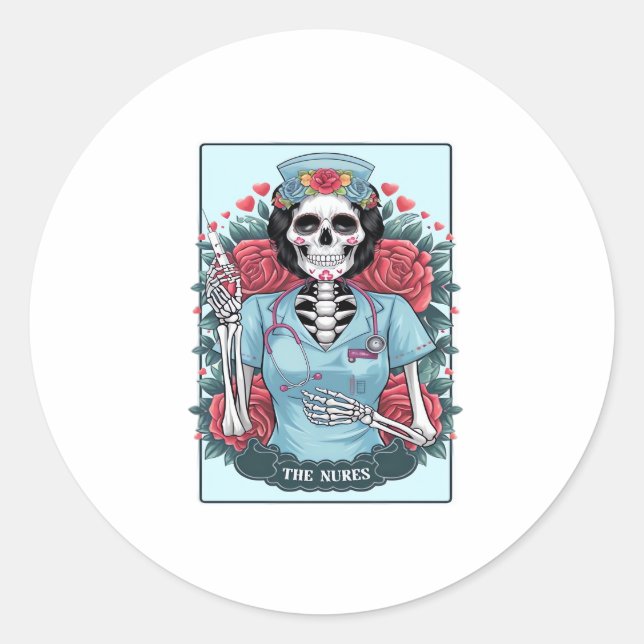 Rose Skeleton Nurse Tarot Card Halloween Es Runder Aufkleber (Vorderseite)