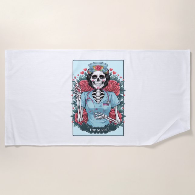 Rose Skeleton Nurse Tarot Card Halloween Es Strandtuch (Vorderseite)