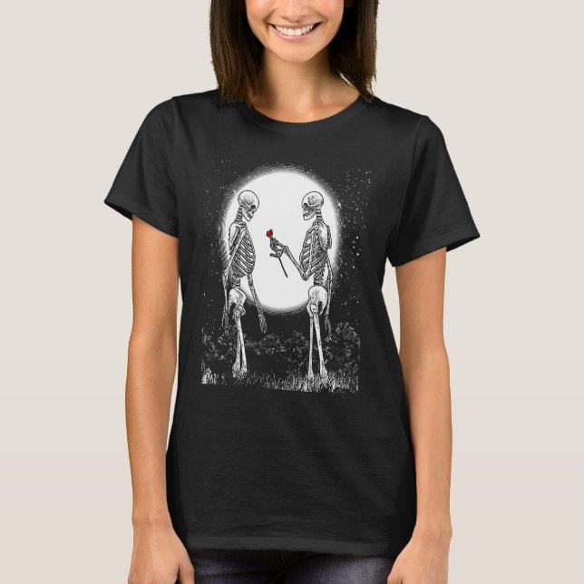 Rose Skeleton Skeleton Hand Rote Rose Blume T-Shirt (Vorderseite)