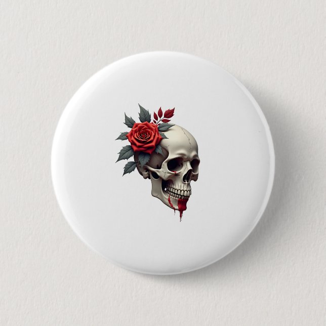 Rose Skeleton Skull Hand Red Flower Rose T-Shirt ( Button (Vorderseite)