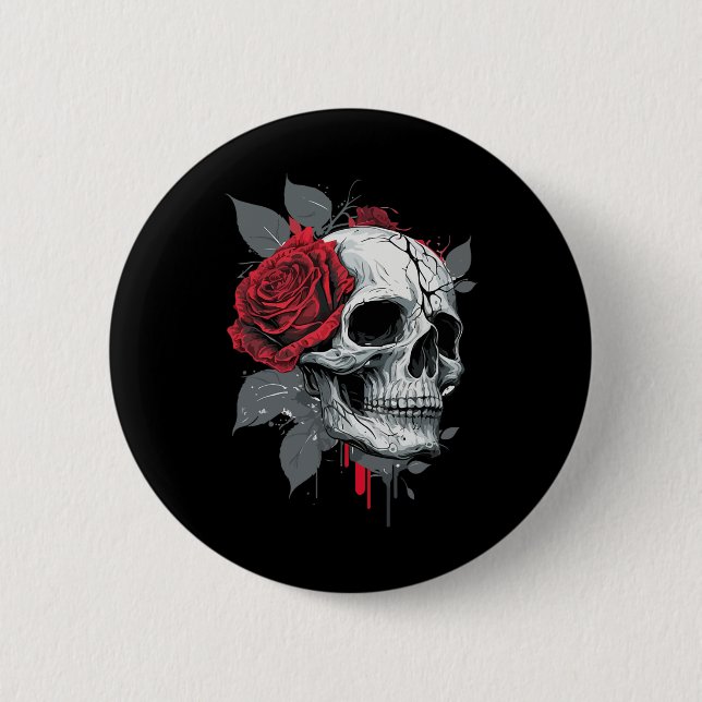 Rose Skeleton Skull Hand Rote Blume Rose Button (Vorderseite)